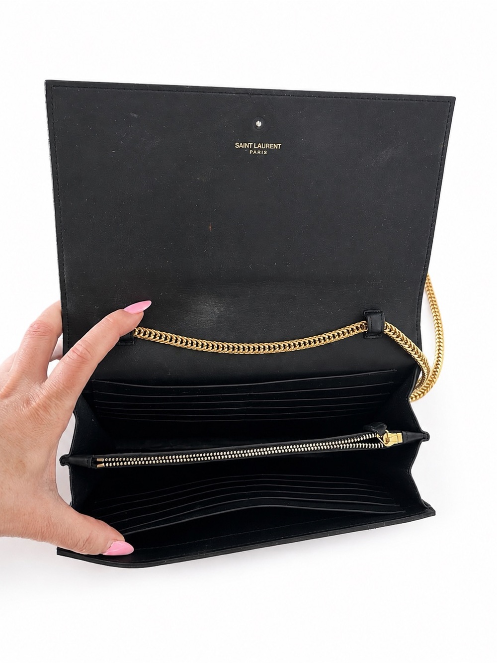 SAINT LAURENT Cassandre YSL Black Leather Chain Wallet Bag • Pre Owned - Picture 3 of 5